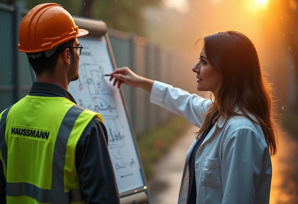 Ingeniera explicandole a otro trabajador sobre un plano del que se van a encargar