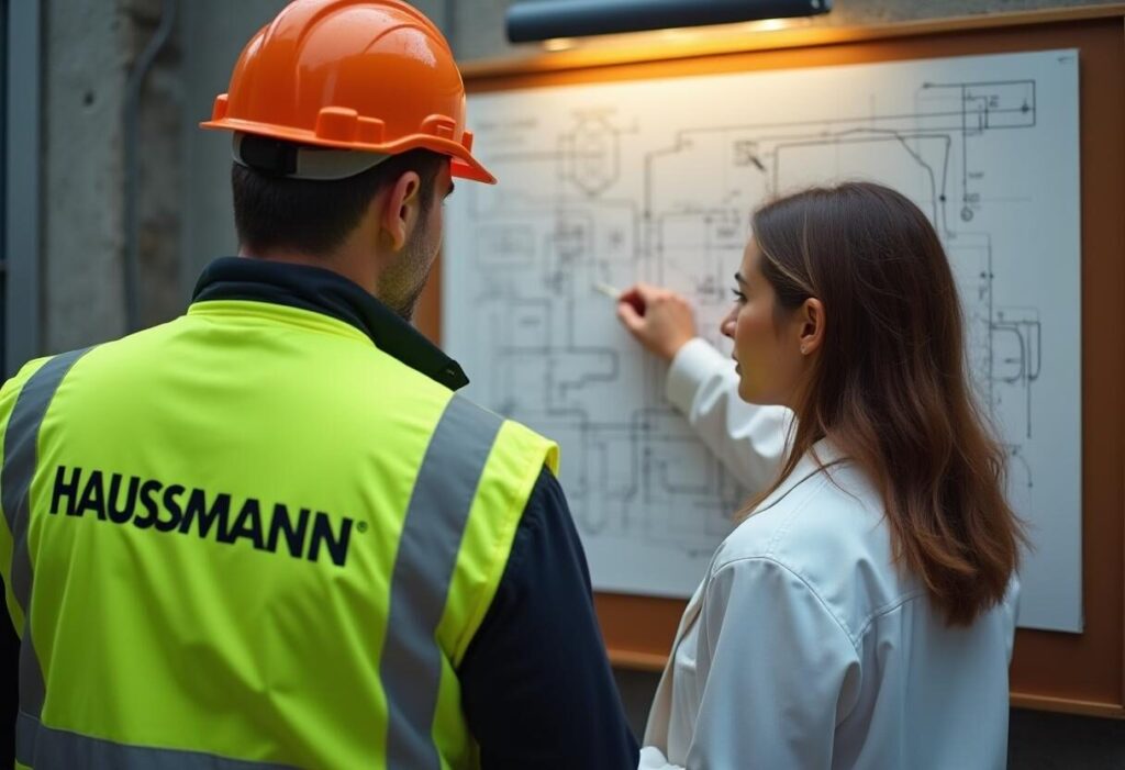 Ingeniera explicandole a otro trabajador sobre un plano del que se van a encargar